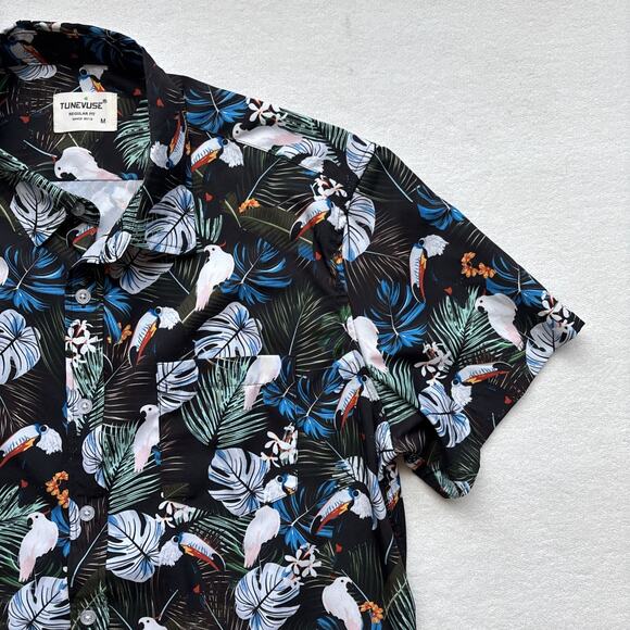 Tunevuse Men Medium Hawaiian Shirt Toucan Cockatoos Bird Floral Black - Picture 4 of 12
